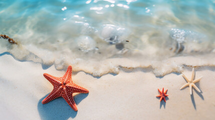 Fototapeta na wymiar Hello summer. Seastar on the beach. AI generated image.