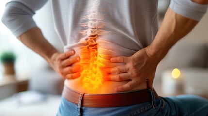 A person suffering from Back Pain.  glow on spine of bad posture,  office syndrome backache, and stress of the body.