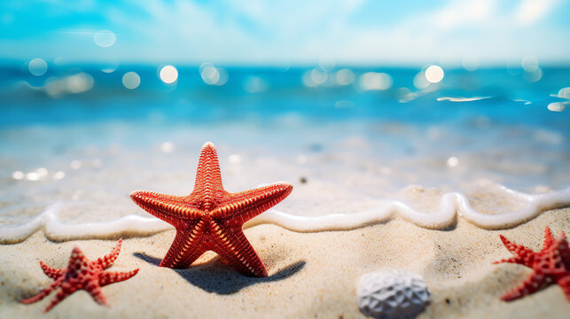 Hello summer. Seastar on the beach. AI generated image.