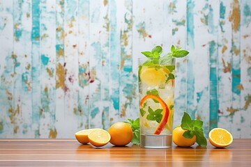 virgin mojito with a backdrop of assorted citrus fruits