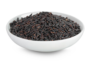 Black rice in a ceramic bowl isolated on white background with full depth of field