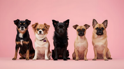 Banner group of different dogs Isolated on pink background