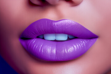 Closeup of lips of a woman with purple lipstick