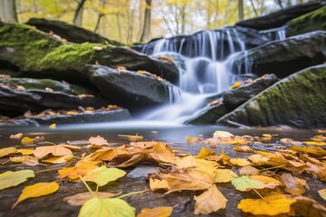 Fototapeta na wymiar long exposure of silky waterfall with autumn leaves
