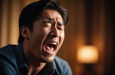 upset Asian man screaming and crying indoors at home. shock and emotional breakdown, depression.