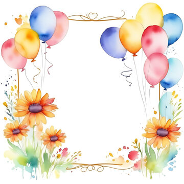 Watercolor frame with sunflowers and balloons on the paper sheet. Spring multi color flower square border with copy space for text or inscription isolated on white background.