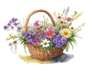Fototapeta na wymiar Watercolor wildflower basket clipart