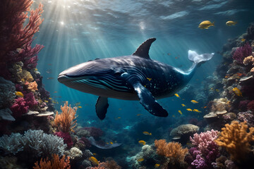 A big whale swimming happily undersea