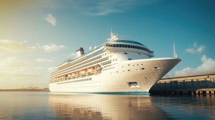 A modern, white cruise ship near the pier, side view. Travel and vacation - obrazy, fototapety, plakaty