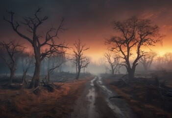 Scorched earth with dirt walking track, path through burnt landscape after bushfire, forest fire