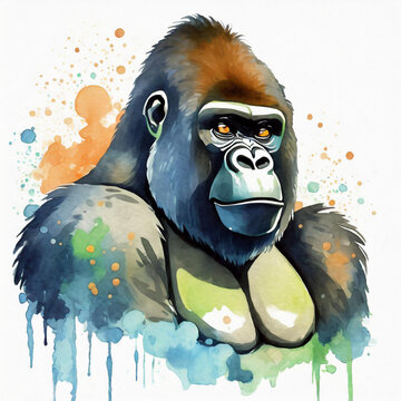 Watercolor gorilla illustration on white background