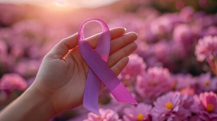 Purple Ribbon Month: A Hand Holding a Purple Ribbon in a Field of Flowers Generative AI - obrazy, fototapety, plakaty
