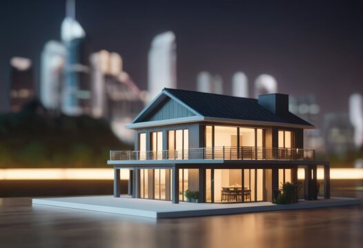 concept 3d render miniature model maquette of small skyscraper building on table in real estate agency. signing mortgage contract document demonstrating. futuristic business.