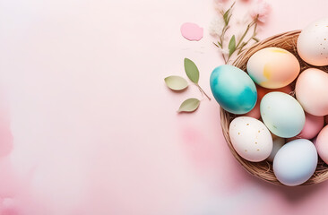 Naklejka na ściany i meble banner. Easter eggs in a wicker basket on a soft pink background. Minimal concept. View from above. Card with copy space for text
