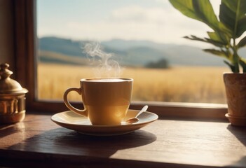 Steam rising from freshly prepared coffee in cup on table at home