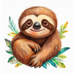 Watercolor sloth illustration on white background