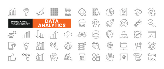 Set of 50 Data Analytics line icons set. Data Analytics outline icons with editable stroke collection. Includes Data, Data Mining, Security, Analytics, Variety, and More.