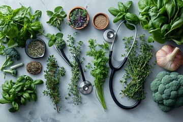Healthy Living: A Monthly Guide to Staying Fresh with Fresh Herbs and a Stethoscope Generative AI - obrazy, fototapety, plakaty