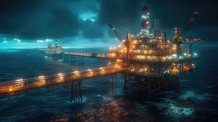 A dramatic night scene on an offshore oil rig, with bright lights illuminating the platform, workers in action, and the dark ocean stretching into the horizon