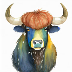 Watercolor yak illustration on white background