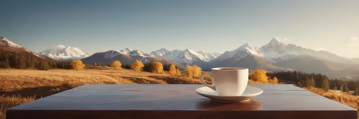 Schilderijen op glas Coffee cup on wood table and view of beautiful nature background. © Алексей Ковалев