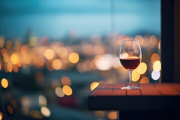 glass of red wine on a balcony overlooking a city night
