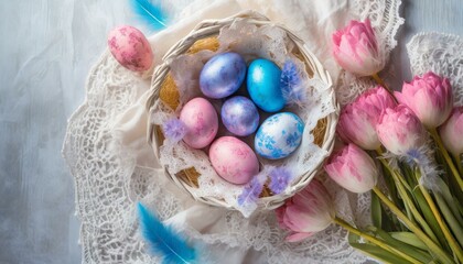 Fototapeta na wymiar Wiosenne tło z niebieskimi i różowymi pisankami w koszyku i różowymi pisankami