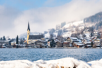 Lake Schliersee with view of town Schliersee in the Bavarian Alps in Germany