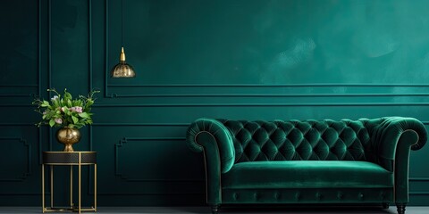 Dark green classic interior with a vintage velvet sofa near an emerald wall and a close-up of the armrest on a luxurious green couch.