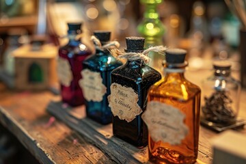 A close-up of a potion bottle with labels indicating magical ingredients 