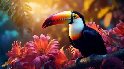Fototapeten Hello summer. Super cute toucan in blossoming forest. AI generated image © yekaterinalim
