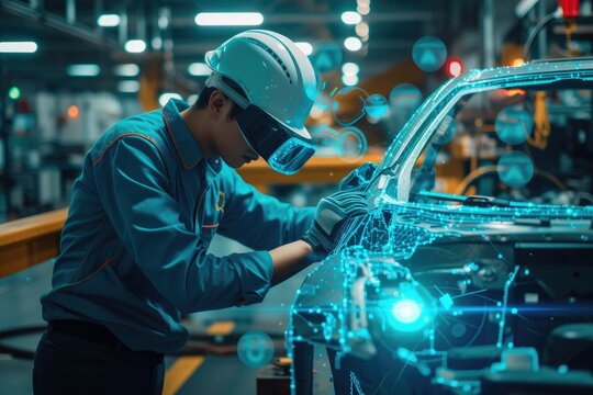 Technician EV car Engineer using virtual reality goggle software to check EV vehicle. Generative AI