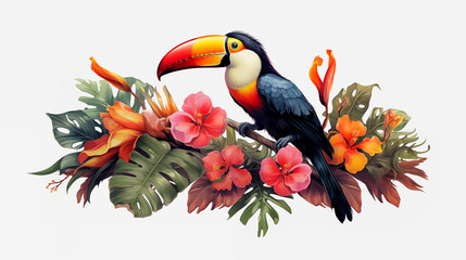 Hello summer. Super cute toucan in blossoming forest. AI generated image