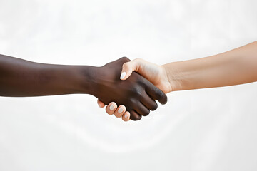 Close up two people shaking hand on white background