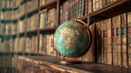 Old globe on bookshelf background