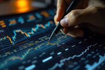 Close-up of a businessman's hand holding a pen and analyzing investment graphs. AI Generated