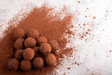 truffle, chocolate, cocoa, brown, sweet, homemade, candy, food, bonbon, background, dessert, ball, powder, confectionery, gourmet, closeup, delicious, round