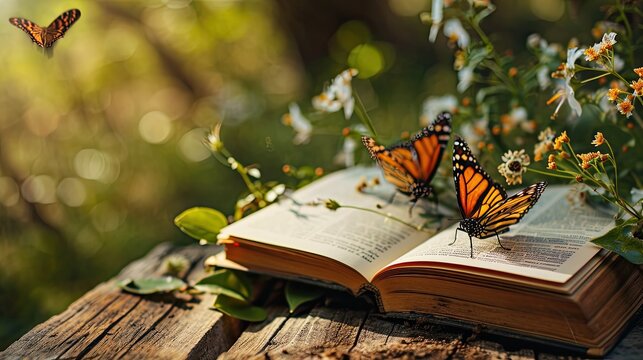 An open book lies on a old wooden bench in the park. The sun is shining brightly, butterflies are flying and flowers are blooming. Copy space. 