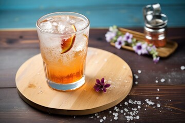 iced tea with plum slices, sparkling bubbles, coaster