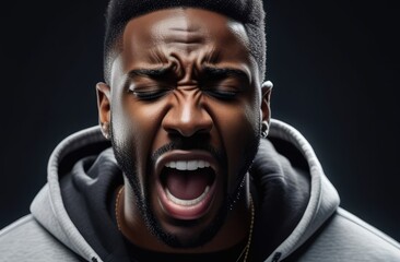 shock and emotional breakdown, depression. upset black man screaming, crying on dark background