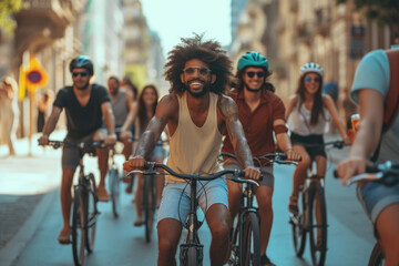 a diverse group of people enjoying a group bike ride in the city, showcasing inclusivity and...