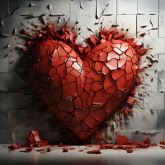 Red broken heart on a white background. 3d render illustration.