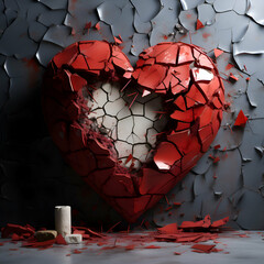 Broken heart on the background of a cracked wall. 3d rendering
