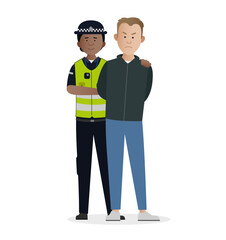 Simple flat British female police officer vector character making arrest. Criminal being put into handcuffs.