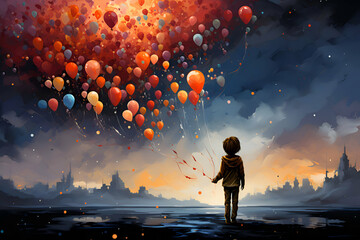 Little boy standing with back and looking at night cityscape and balloons - obrazy, fototapety, plakaty