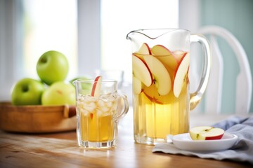 glass pitcher of apple iced tea, apple slices inside, next to glasses
