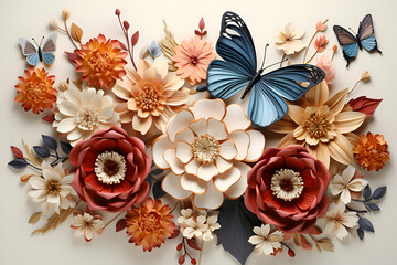 Paper flowers and butterflies on beige background. 3d illustration.