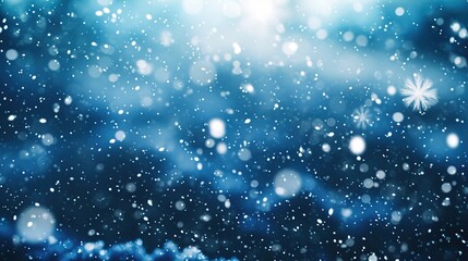 Fototapeta premium Falling snowflakes on night sky white background. Bokeh with white snow and snowflakes on a blue background