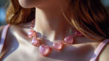 woman with a  pink heart shaped necklace around neck