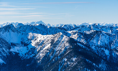 View of the German and Austrian Alps with Zugspitze from the 1838 meter high Wendelstein mountain...